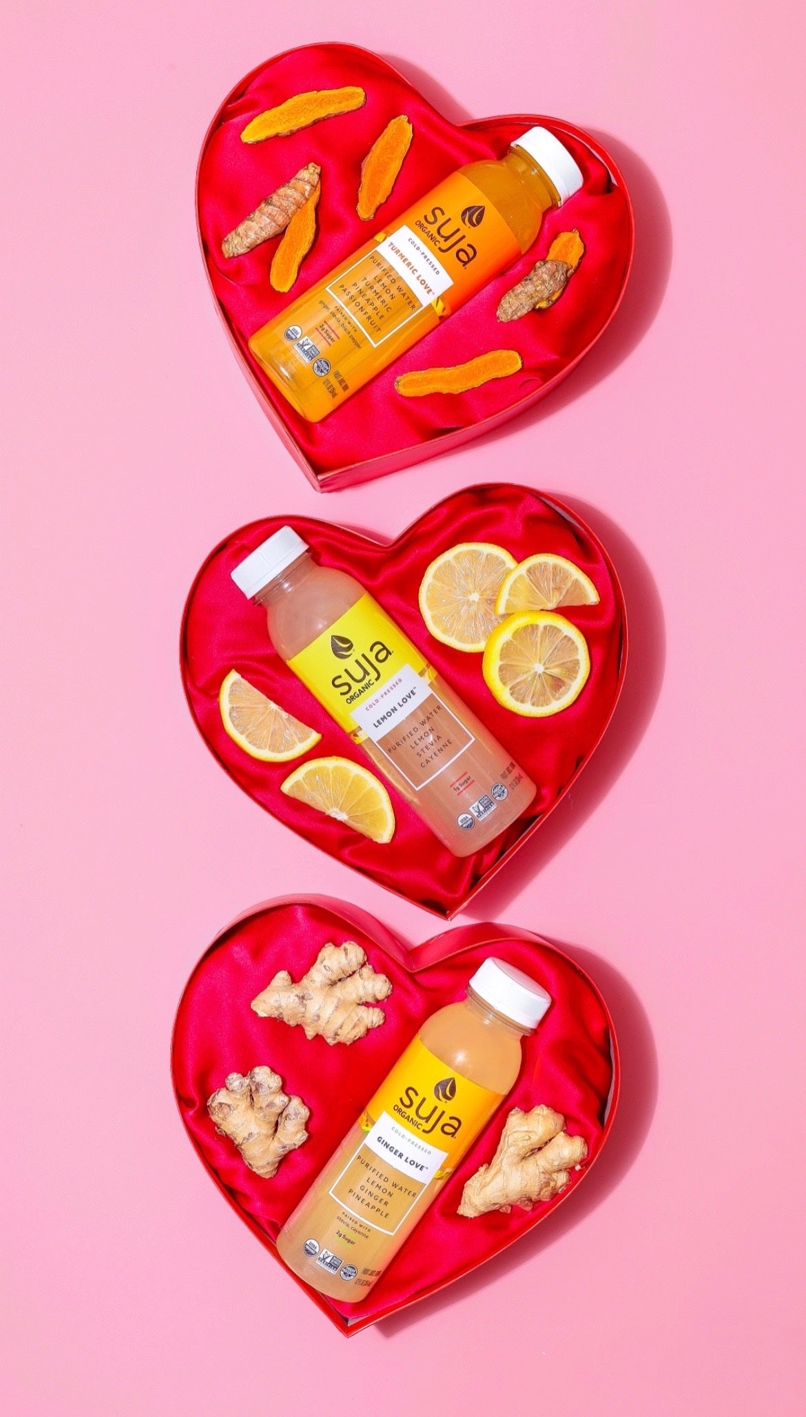 Suja bottles in a heart box