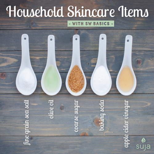 five household skin care items, olive oil and baking soda